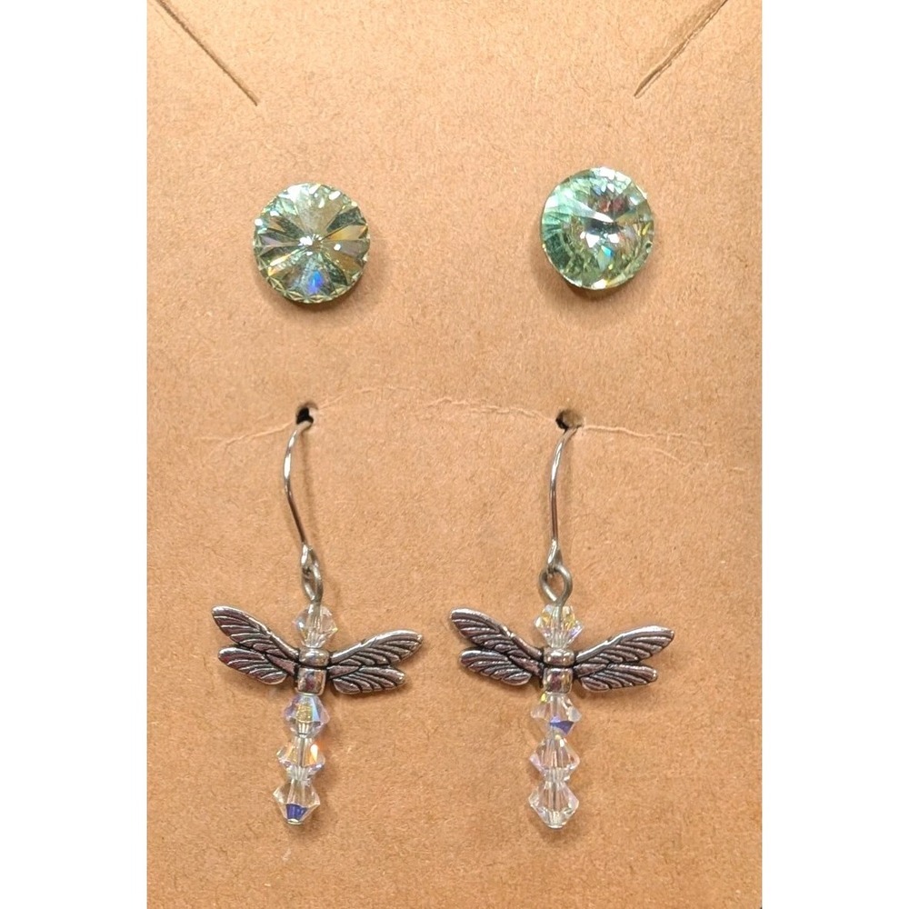 Lot‎ of 2 Earrings – Green Crystal Studs & Dragonfly Beaded Dangle Earrings